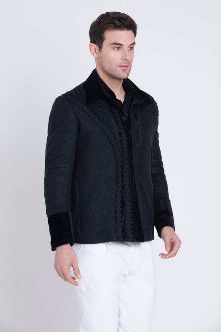 Buy_Arun Verma_Black Linen Embroidery, Applique Prism Velvet Resham Jacket _Online_at_Aza_Fashions