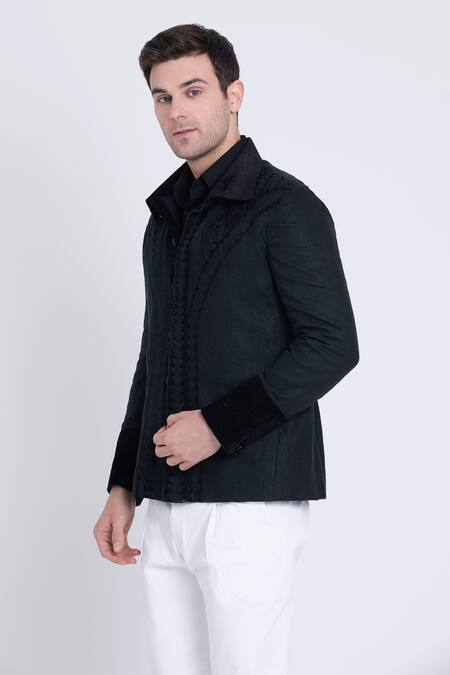 Shop_Arun Verma_Black Linen Embroidery, Applique Prism Velvet Resham Jacket _Online_at_Aza_Fashions