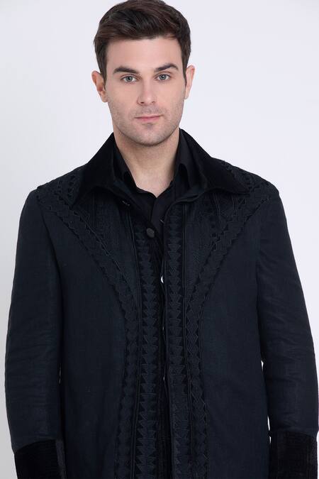 Arun Verma_Black Linen Embroidery, Applique Prism Velvet Resham Jacket _at_Aza_Fashions