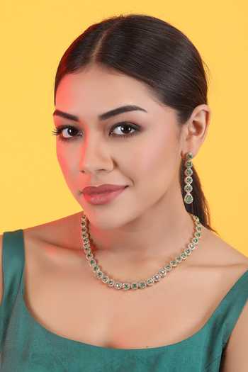 Buy_Auraa Trends_Green Stones Round Embellished Necklace And Earrings Set _Online_at_Aza_Fashions