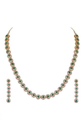 Shop Auraa Trends Green Stones Round Embellished Necklace And Earrings Set Online at Aza Fashions Shop_Auraa Trends_Green Stones Round Embellished Necklace And Earrings Set _Online_at_Aza_Fashions