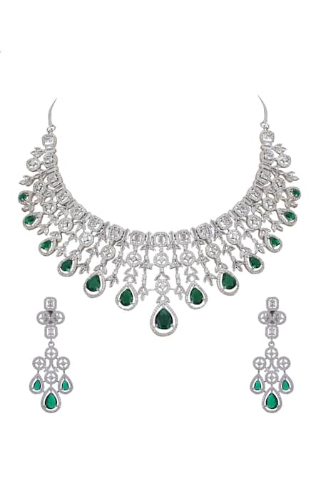 Auraa Trends_Green Stones, Diamonds American Studded Necklace Set _at_Aza_Fashions