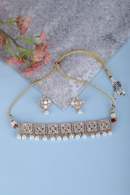 Shop_Auraa Trends_Gold Plated Pearls, Diamonds, Stones Kundan And Meenakari Necklace Set _at_Aza_Fashions