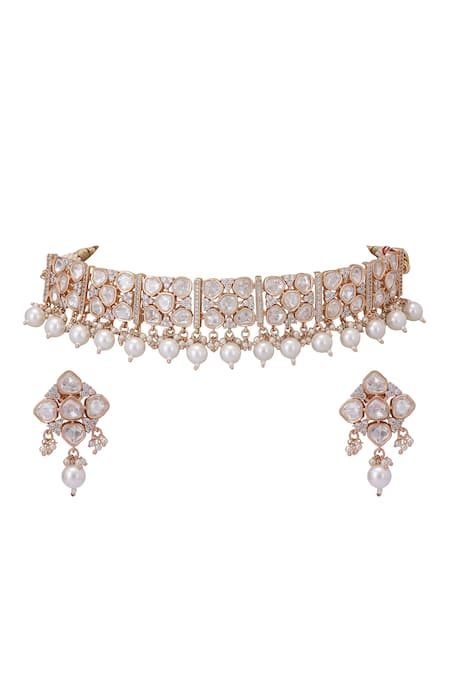 Auraa Trends_Gold Plated Pearls, Diamonds, Stones Kundan And Meenakari Necklace Set _Online_at_Aza_Fashions