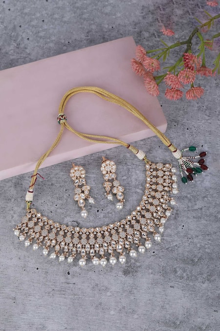 Shop_Auraa Trends_Gold Plated Crystals, Pearls Kundan Studded Necklace Set _at_Aza_Fashions