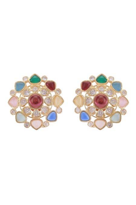 Auraa Trends_Multi Color Stones Navratna Studded Earrings _Online_at_Aza_Fashions
