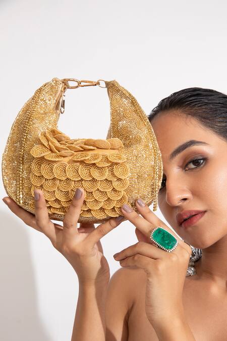 Shop_Modarta_Gold Crystals, Chains Glamour Scallop Clutch Bag _Online_at_Aza_Fashions