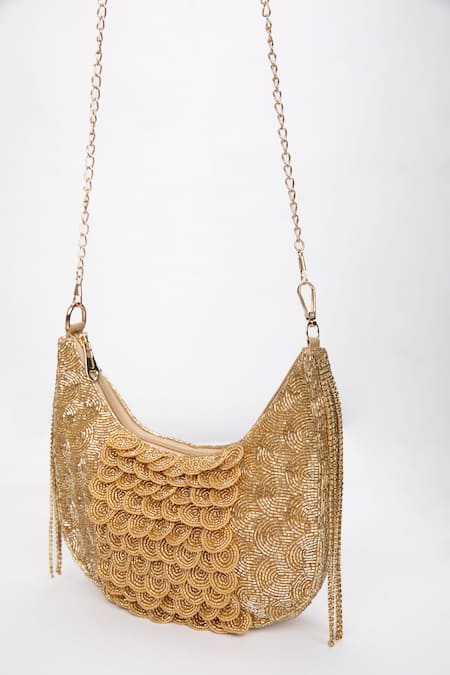 Shop_Modarta_Gold Crystals, Chains Glamour Scallop Clutch Bag 