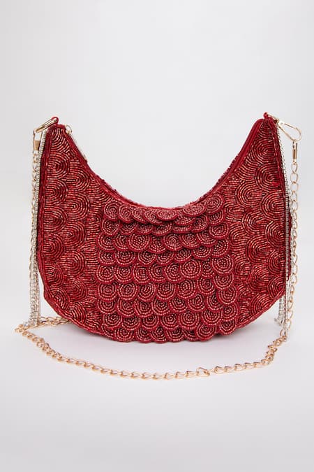 Shop Modarta Red Crystals, Stones Embellished Scallop Bag at Aza Fashions Shop_Modarta_Red Crystals, Stones Embellished Scallop Bag _at_Aza_Fashions
