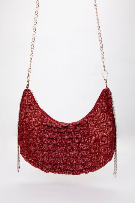 Buy Modarta Red Crystals, Stones Embellished Scallop Bag Online at Aza Fashions Buy_Modarta_Red Crystals, Stones Embellished Scallop Bag _Online_at_Aza_Fashions