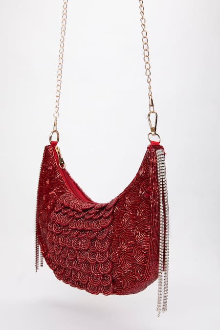 Shop Modarta Red Crystals, Stones Embellished Scallop Bag Online at Aza Fashions Shop_Modarta_Red Crystals, Stones Embellished Scallop Bag _Online_at_Aza_Fashions