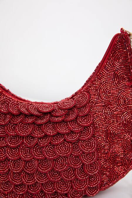Modarta Red Crystals, Stones Embellished Scallop Bag at Aza Fashions Modarta_Red Crystals, Stones Embellished Scallop Bag _at_Aza_Fashions