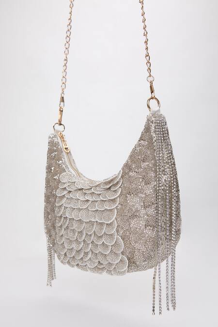Modarta_Silver Crystals, Stones Scallop Embellished Bag _Online_at_Aza_Fashions