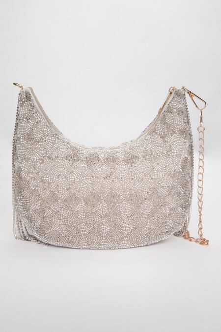Buy_Modarta_Silver Crystals, Stones Scallop Embellished Bag _Online_at_Aza_Fashions