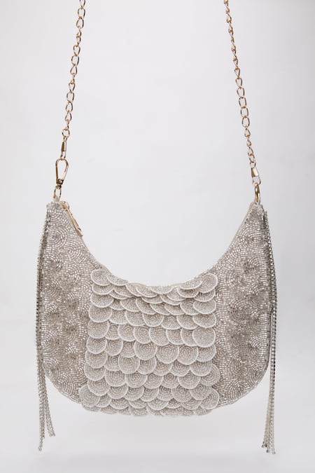 Shop_Modarta_Silver Crystals, Stones Scallop Embellished Bag _Online_at_Aza_Fashions