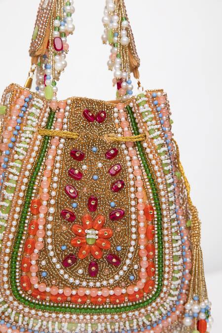 Modarta_Multi Color Crystals, Pearls, Beads Embellished Potli _at_Aza_Fashions