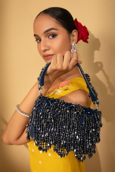 Buy Modarta Blue Crystals, Beads Tasselled Bag Buy_Modarta_Blue Crystals, Beads Tasselled Bag