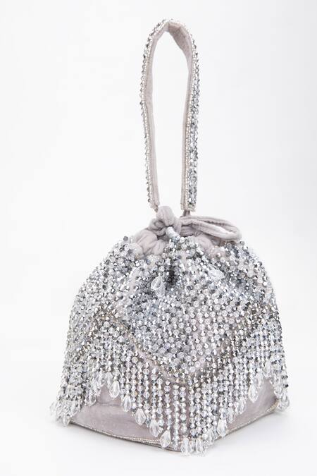 Shop_Modarta_Silver Crystals, Beads Embellished Potli _at_Aza_Fashions