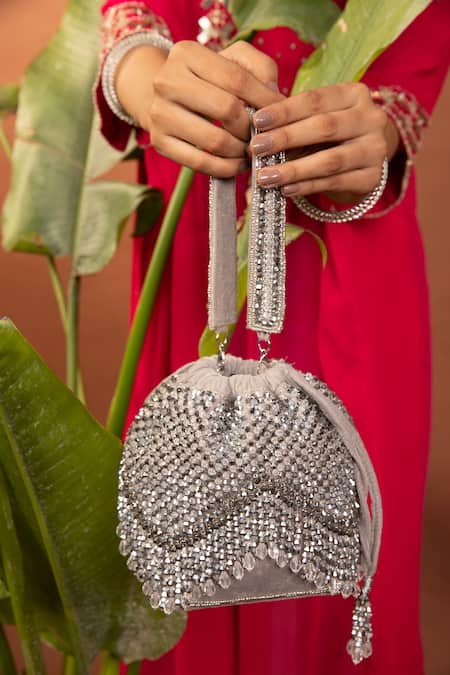 Modarta_Silver Crystals, Beads Embellished Potli _Online_at_Aza_Fashions
