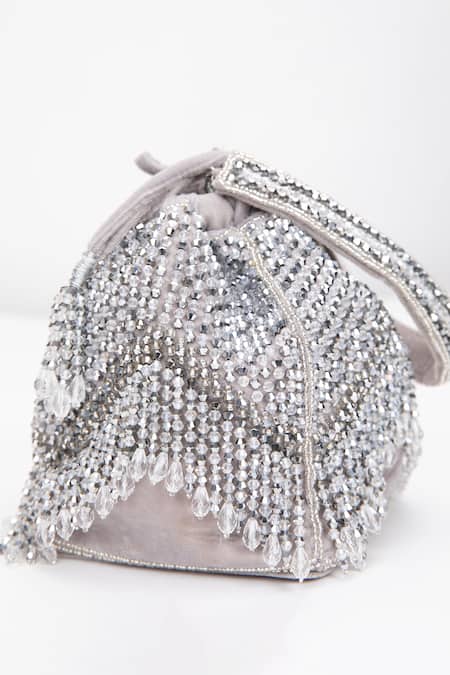 Buy_Modarta_Silver Crystals, Beads Embellished Potli _Online_at_Aza_Fashions