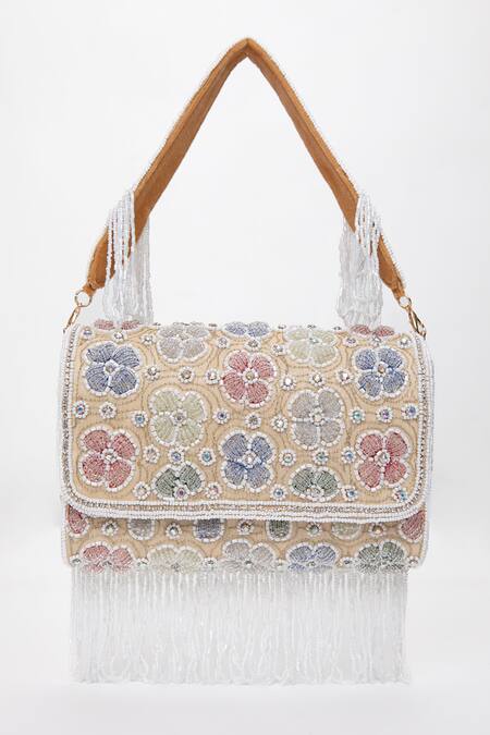 Shop_Modarta_White Beads, Crystals Floral Embellished Clutch _at_Aza_Fashions