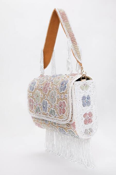 Modarta_White Beads, Crystals Floral Embellished Clutch _Online_at_Aza_Fashions