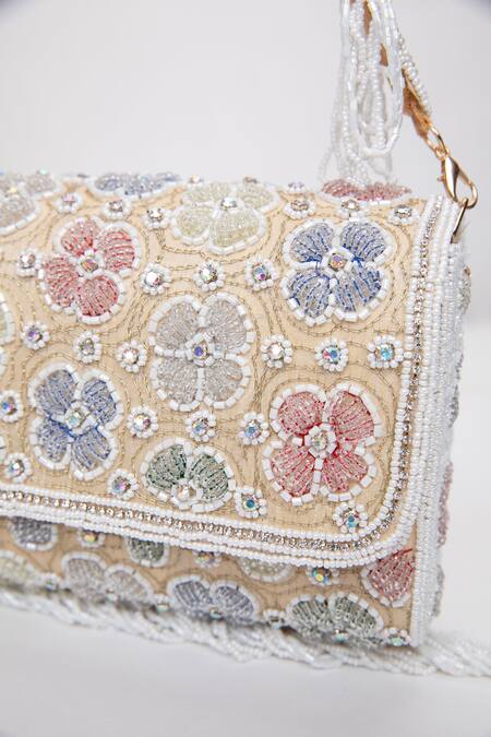 Shop_Modarta_White Beads, Crystals Floral Embellished Clutch _Online_at_Aza_Fashions