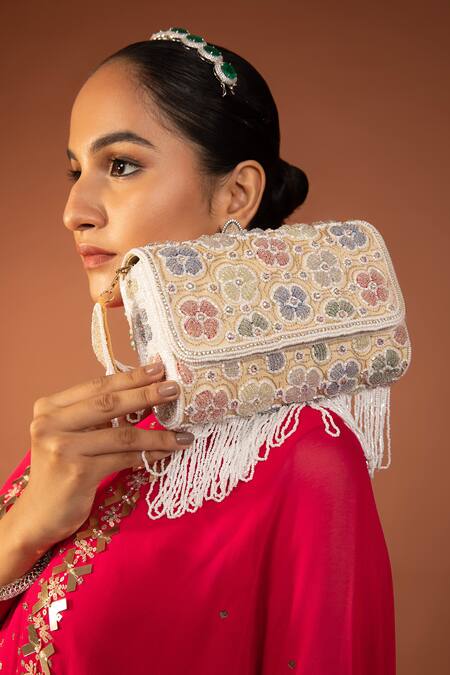 Modarta_White Beads, Crystals Floral Embellished Clutch _at_Aza_Fashions