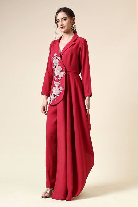 Aakaar_Pink Modal Sequins Berry Floral Balzer And Pant Set _Online_at_Aza_Fashions