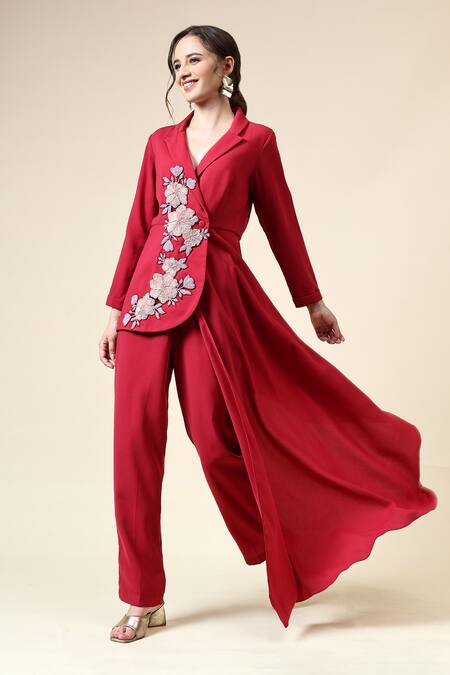 Shop_Aakaar_Pink Modal Sequins Berry Floral Balzer And Pant Set _Online_at_Aza_Fashions