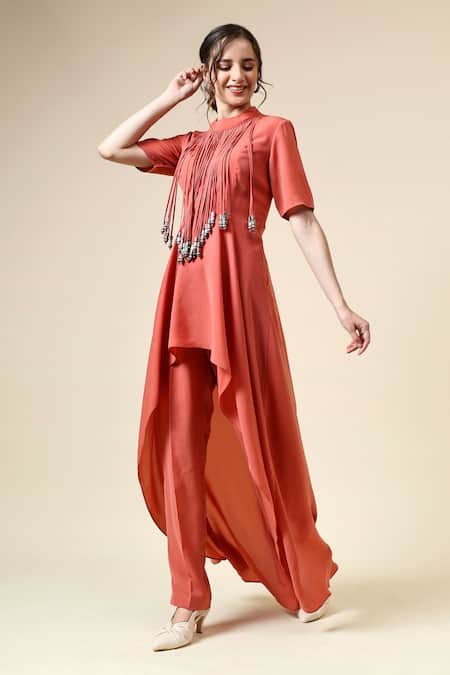 Aakaar Orange Moss Crepe Embellished Metallic Fringe Closed Round Tunic And Pant Set 