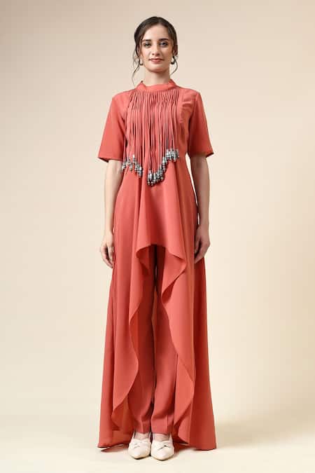 Aakaar_Orange Modal Fringe Round Neck Embellished Tunic And Pant Set _Online_at_Aza_Fashions