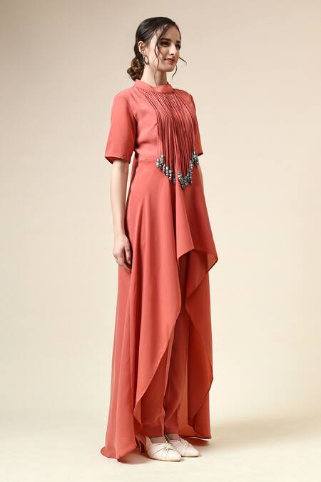 Buy_Aakaar_Orange Modal Fringe Round Neck Embellished Tunic And Pant Set _Online_at_Aza_Fashions