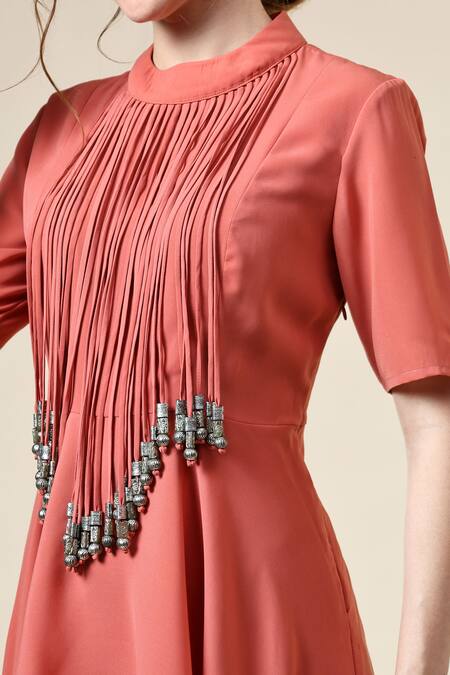 Shop_Aakaar_Orange Modal Fringe Round Neck Embellished Tunic And Pant Set _Online_at_Aza_Fashions