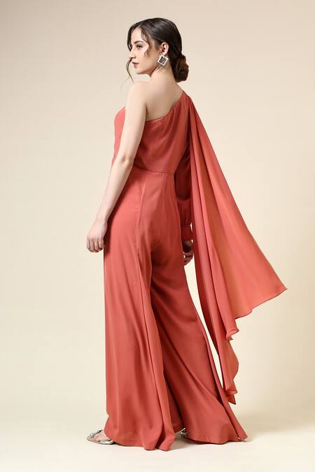 Shop_Aakaar_Orange Modal Beads One Shoulder Embellished Jumpsuit _at_Aza_Fashions