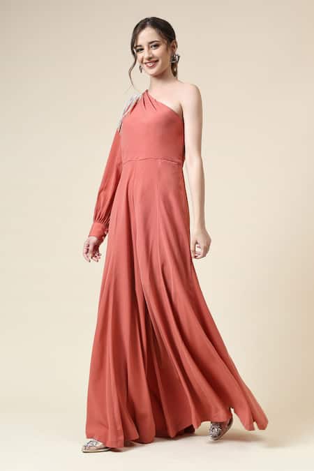 Buy_Aakaar_Orange Modal Beads One Shoulder Embellished Jumpsuit _Online_at_Aza_Fashions