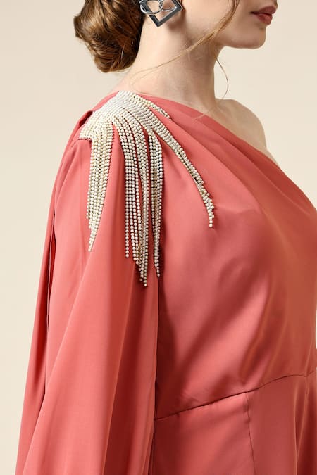 Aakaar_Orange Modal Beads One Shoulder Embellished Jumpsuit _at_Aza_Fashions