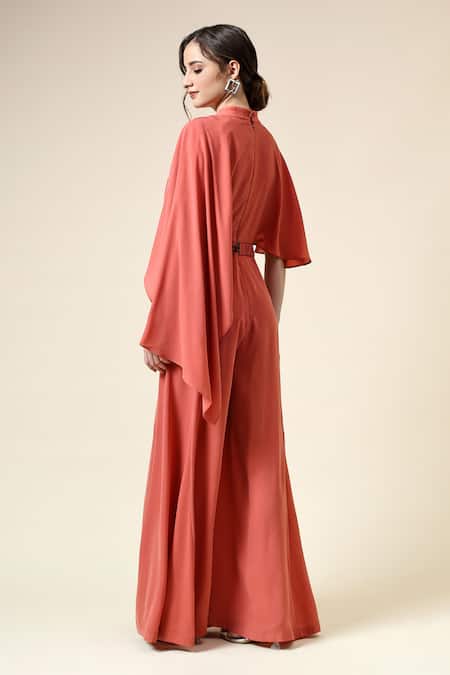 Shop_Aakaar_Orange Crepe Pearls Round Neck Jumpsuit With Embellished Belt _at_Aza_Fashions