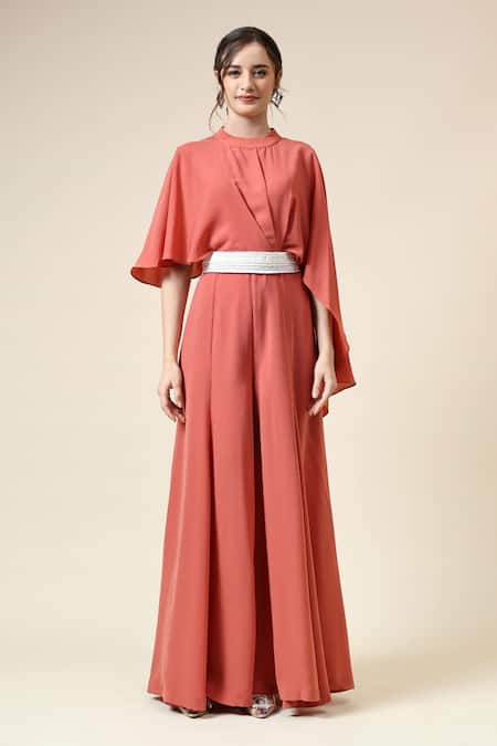 Aakaar_Orange Crepe Pearls Round Neck Jumpsuit With Embellished Belt _Online_at_Aza_Fashions