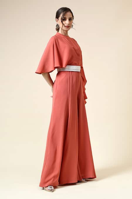 Buy_Aakaar_Orange Crepe Pearls Round Neck Jumpsuit With Embellished Belt _Online_at_Aza_Fashions