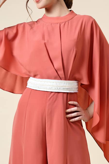 Shop_Aakaar_Orange Crepe Pearls Round Neck Jumpsuit With Embellished Belt _Online_at_Aza_Fashions
