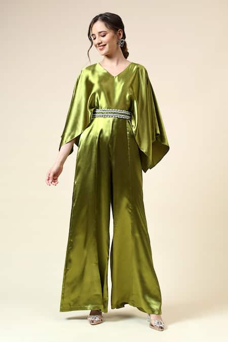 Aakaar Green Metallic Moss Crepe Embellished Crystals V-neck Jumpsuit With Belt 