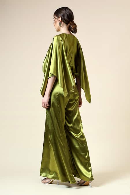 Shop_Aakaar_Green Crepe Crystals V-neck Jumpsuit With Embellished Belt _at_Aza_Fashions