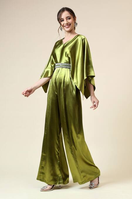 Aakaar_Green Crepe Crystals V-neck Jumpsuit With Embellished Belt _Online_at_Aza_Fashions