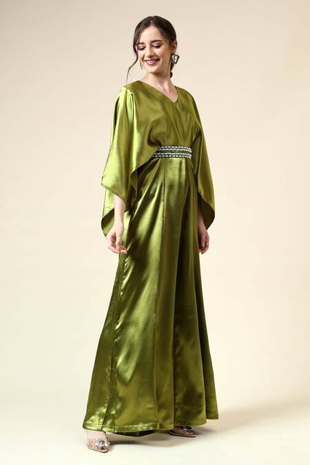 Buy_Aakaar_Green Crepe Crystals V-neck Jumpsuit With Embellished Belt _Online_at_Aza_Fashions