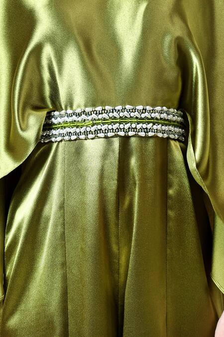 Shop_Aakaar_Green Crepe Crystals V-neck Jumpsuit With Embellished Belt _Online_at_Aza_Fashions