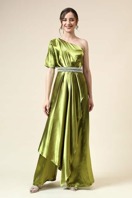 Aakaar Green Metallic Moss Crepe Embellished Crystals One Draped Jumpsuit With Belt 