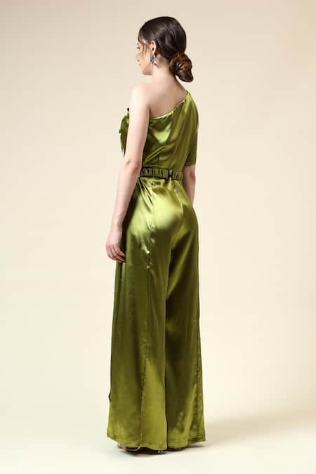 Shop_Aakaar_Green Crepe Crystals One Shoulder Metallic Draped Jumpsuit With Belt _at_Aza_Fashions