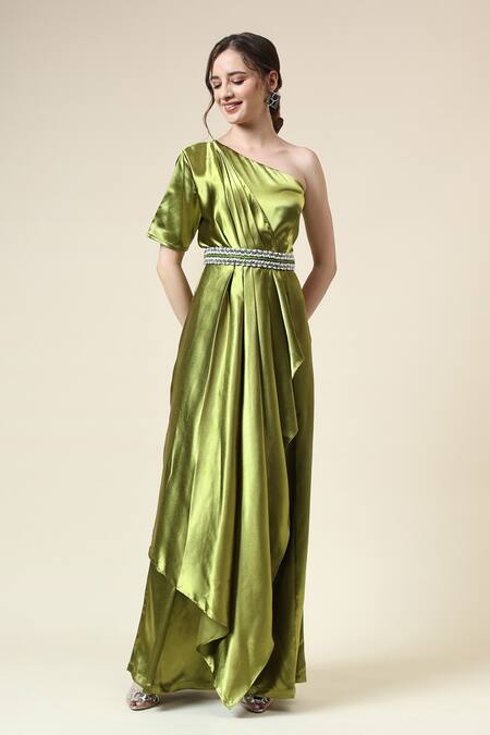 Aakaar_Green Crepe Crystals One Shoulder Metallic Draped Jumpsuit With Belt _Online_at_Aza_Fashions