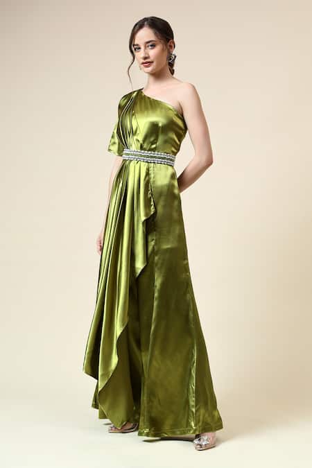 Buy_Aakaar_Green Crepe Crystals One Shoulder Metallic Draped Jumpsuit With Belt _Online_at_Aza_Fashions